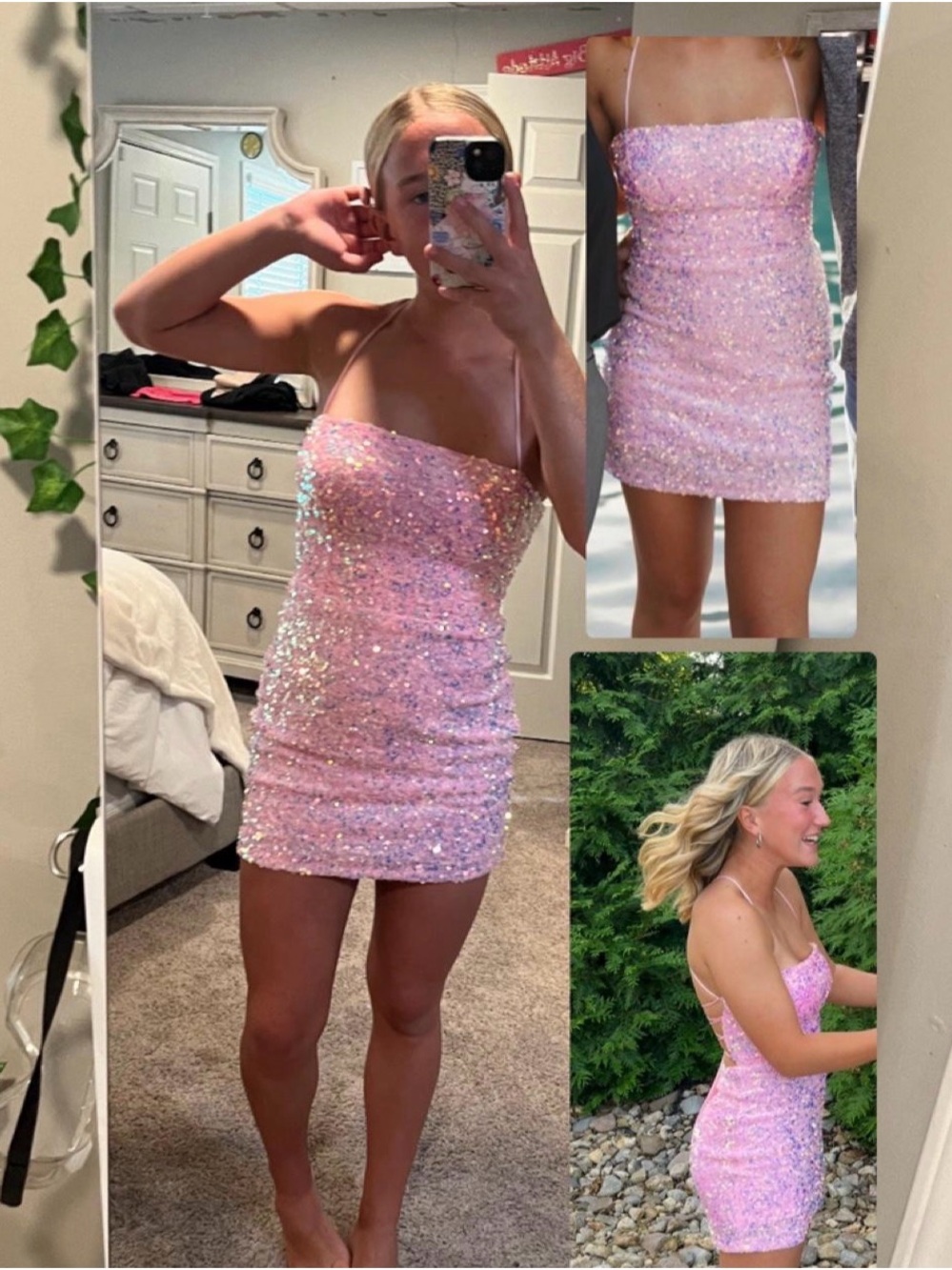 Iridescent Pink Sequin Mini Dress with Spaghetti Straps